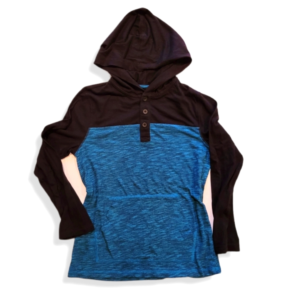 Medium M Hoodie Lightweight Shirt Long Sleeve Black Teal Button Henley Boys